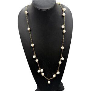 Vintage Necklace White Beads Long Chain Link Layering Gold Tone 44 inches